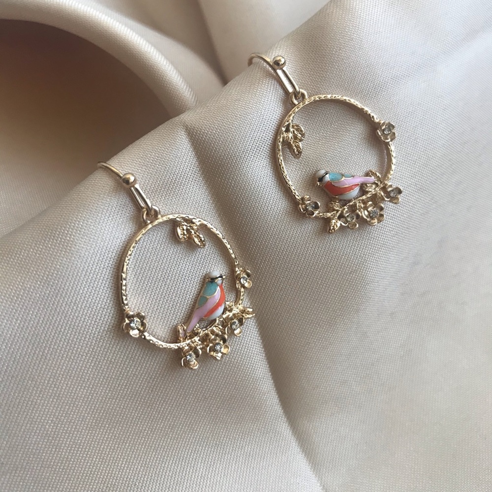 Bird Flower Wreath Dangle Earrings